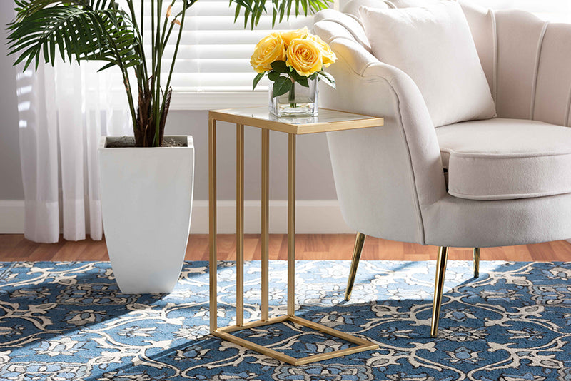 Lombok Modern and Contemporary Gold Finished Metal C Shaped End Table w/Marble Tabletop