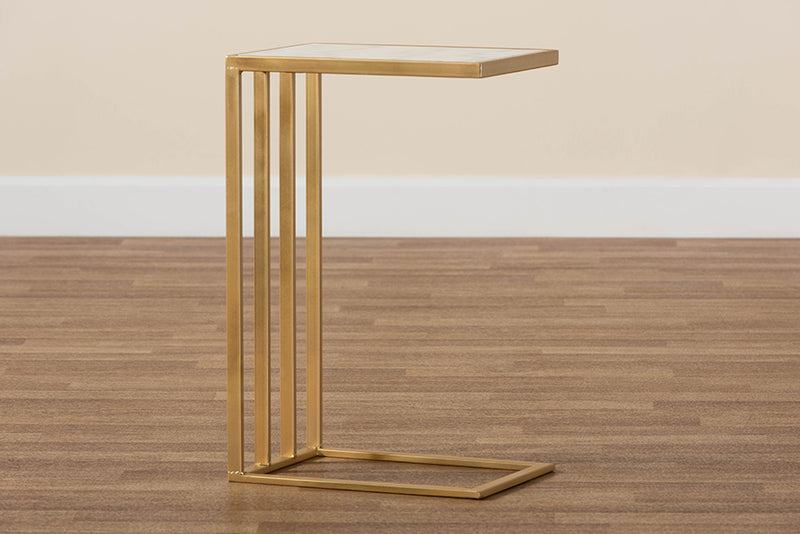 Lombok Modern and Contemporary Gold Finished Metal C Shaped End Table w/Marble Tabletop