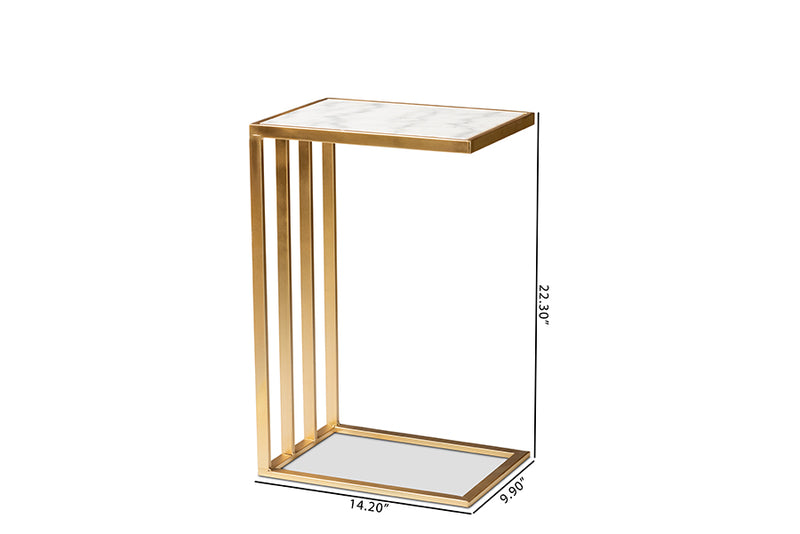 Lombok Modern and Contemporary Gold Finished Metal C Shaped End Table w/Marble Tabletop