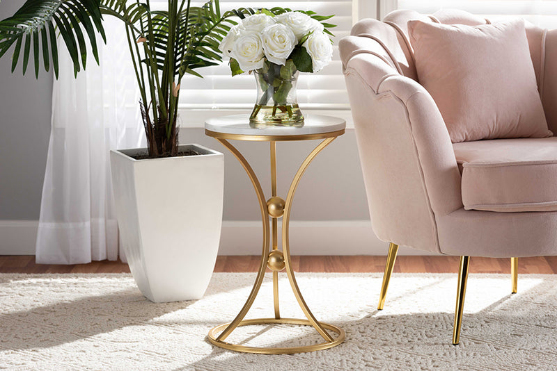 Dylin Modern and Contemporary Gold Finished Metal End Table w/Marble Tabletop