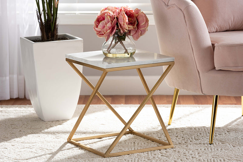 Elizabeth Modern and Contemporary Gold Finished Metal End Table w/Marble Tabletop