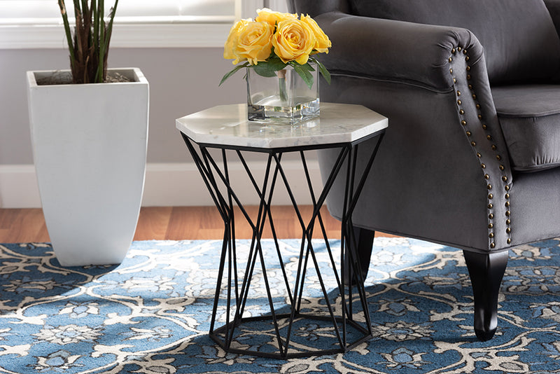 Dakota Modern and Contemporary Black Metal End Table w/Marble Tabletop