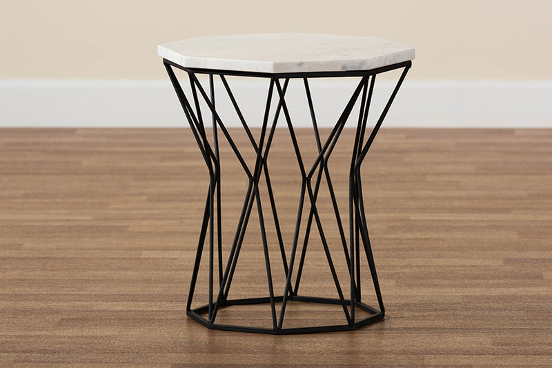 Dakota Modern and Contemporary Black Metal End Table w/Marble Tabletop