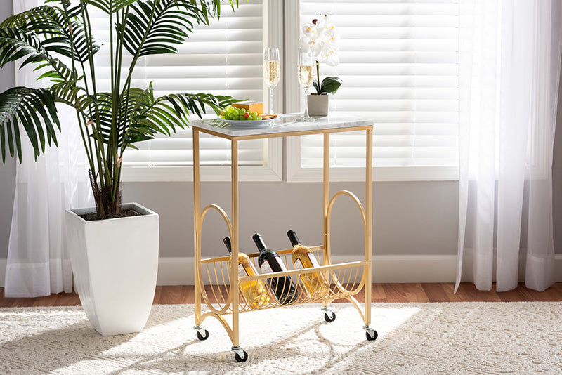 Lochlan Modern and Contemporary Gold Finished Metal Wine Cart w/Marble Tabletop