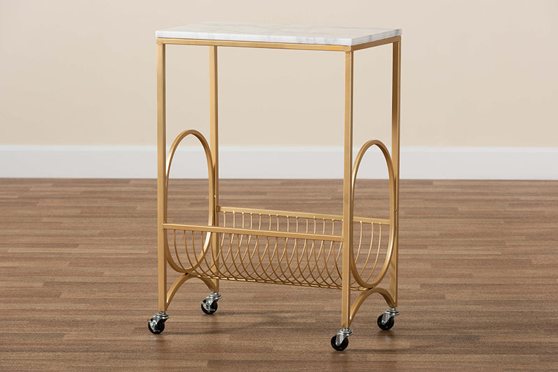 Lochlan Modern and Contemporary Gold Finished Metal Wine Cart w/Marble Tabletop