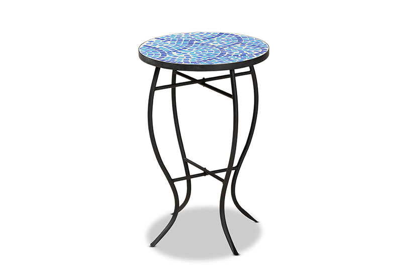 Seraphin Modern and Contemporary Black Metal and Blue Glass Plant Stand