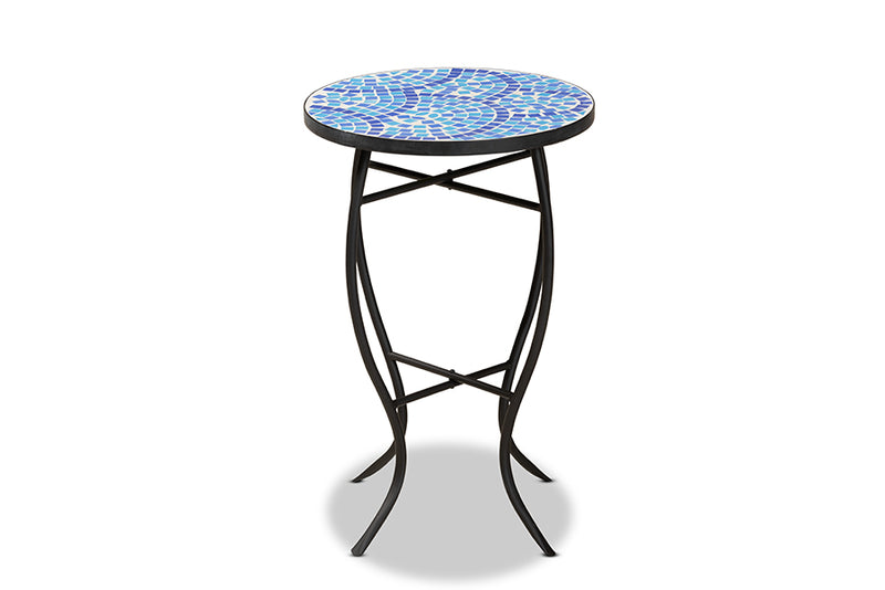 Seraphin Modern and Contemporary Black Metal and Blue Glass Plant Stand