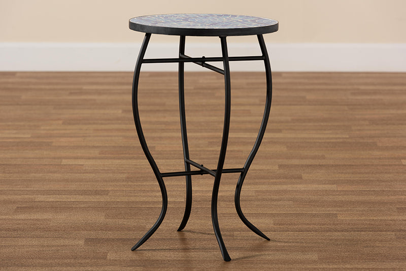 Seraphin Modern and Contemporary Black Metal and Blue Glass Plant Stand