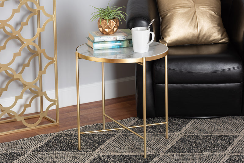 Packer Modern and Contemporary Gold Finished Metal End Table w/Marble Tabletop