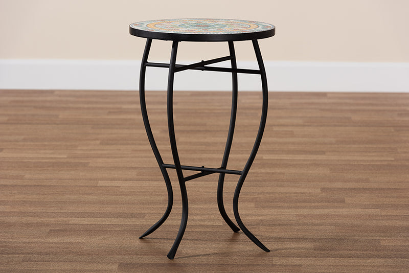 Seraphin Modern and Contemporary Black Metal and Multi-Colored Ceramic Tile Plant Stand