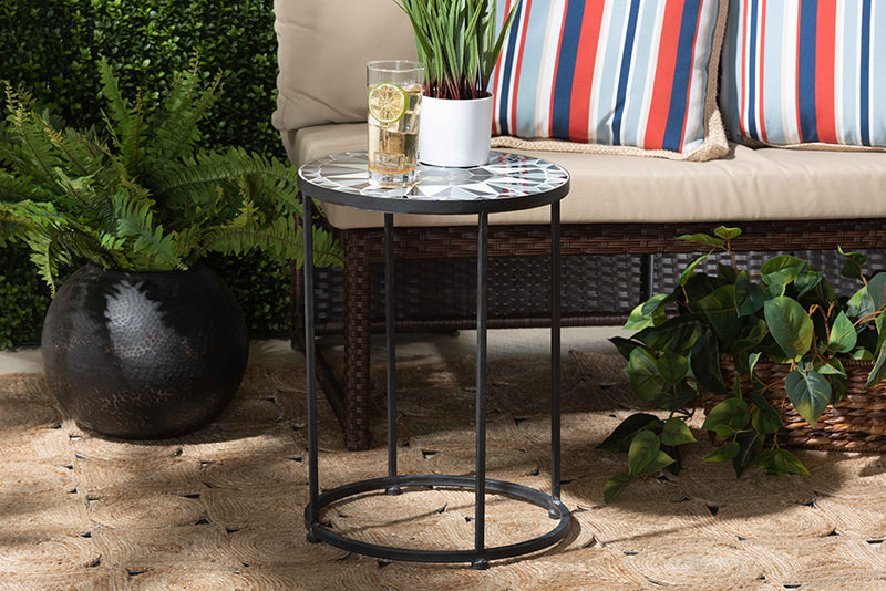 Romy Modern and Contemporary Multi-Colored Glass and Black Metal Outdoor Side Table