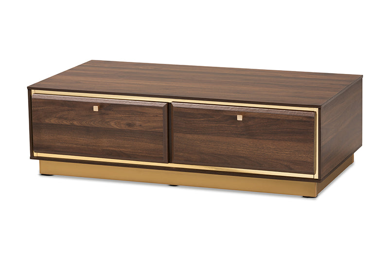 Davina Mid-Century Walnut Brown Finished Wood and Gold Metal 2-Drawer Coffee Table