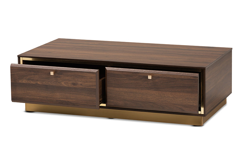 Davina Mid-Century Walnut Brown Finished Wood and Gold Metal 2-Drawer Coffee Table