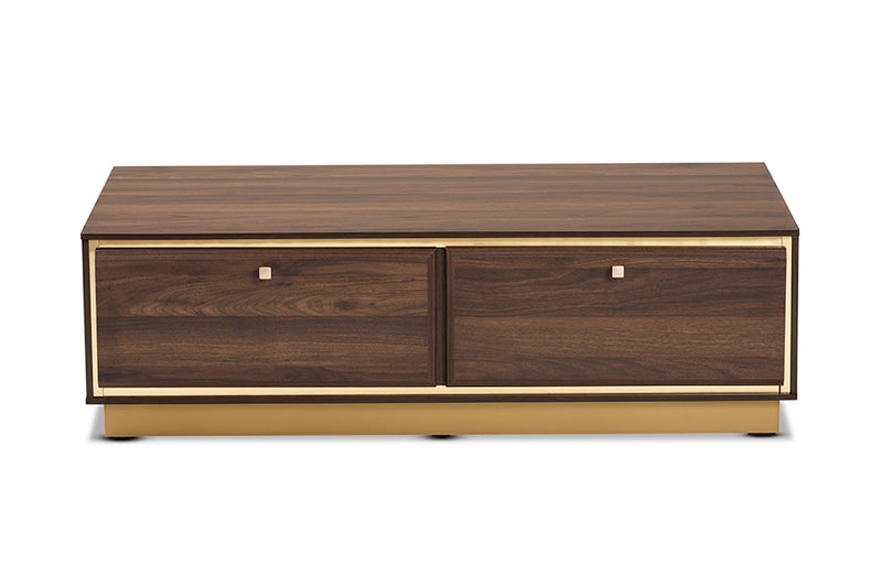 Davina Mid-Century Walnut Brown Finished Wood and Gold Metal 2-Drawer Coffee Table