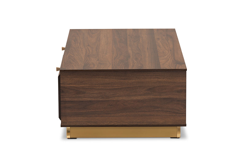 Davina Mid-Century Walnut Brown Finished Wood and Gold Metal 2-Drawer Coffee Table