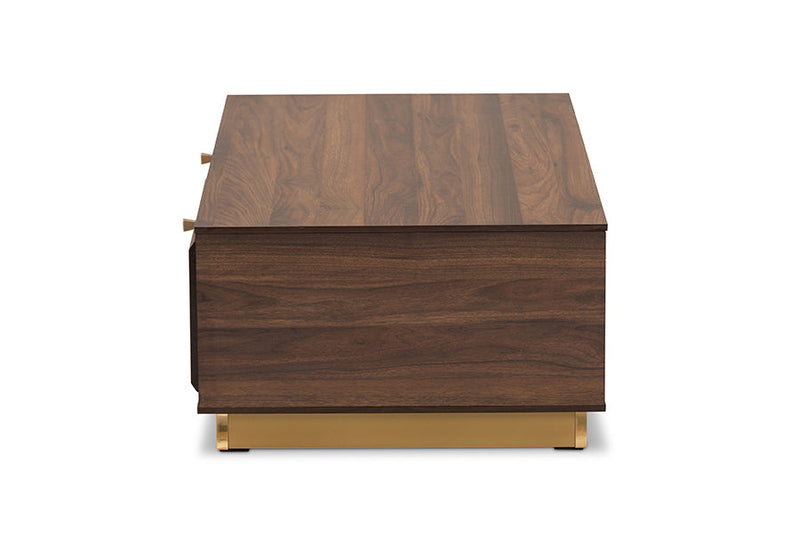 Davina Walnut Brown and Gold Metal 2-Drawer Coffee Table Baxton