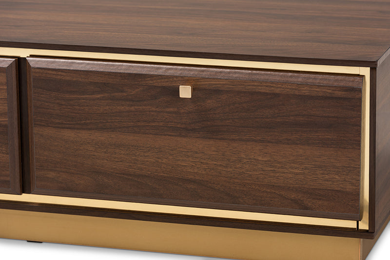 Davina Mid-Century Walnut Brown Finished Wood and Gold Metal 2-Drawer Coffee Table