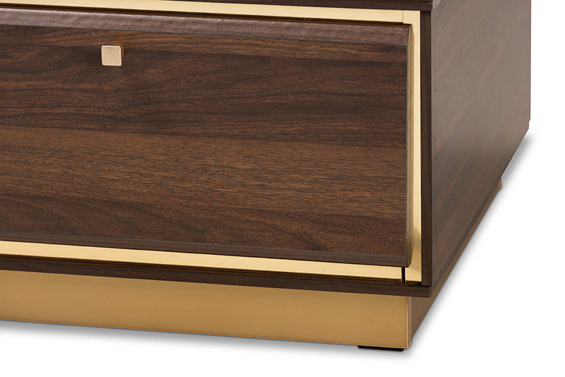 Davina Mid-Century Walnut Brown Finished Wood and Gold Metal 2-Drawer Coffee Table