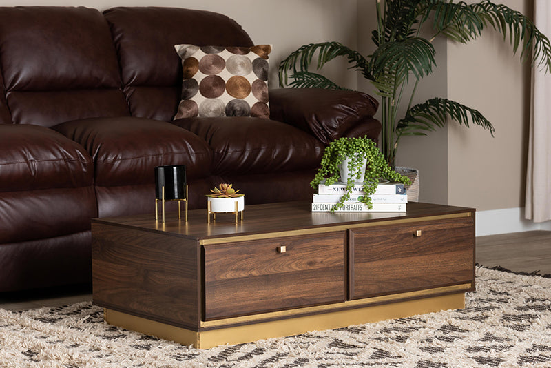 Davina Mid-Century Walnut Brown Finished Wood and Gold Metal 2-Drawer Coffee Table