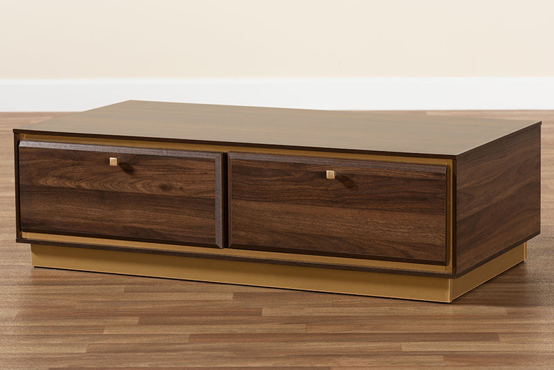 Davina Mid-Century Walnut Brown Finished Wood and Gold Metal 2-Drawer Coffee Table