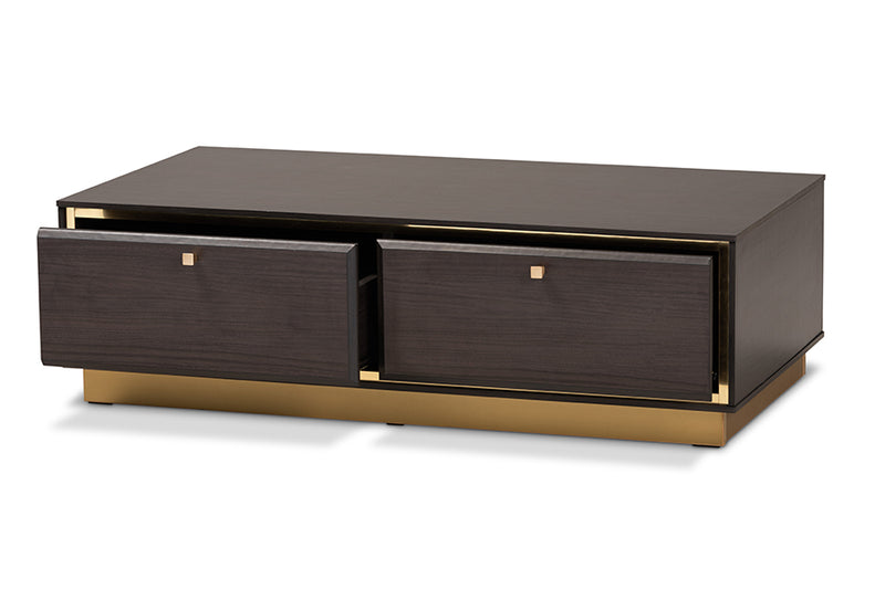 Davina Mid-Century Dark Brown Finished Wood and Gold Metal 2-Drawer Coffee Table