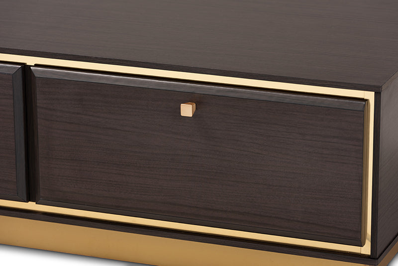 Davina Mid-Century Dark Brown Finished Wood and Gold Metal 2-Drawer Coffee Table