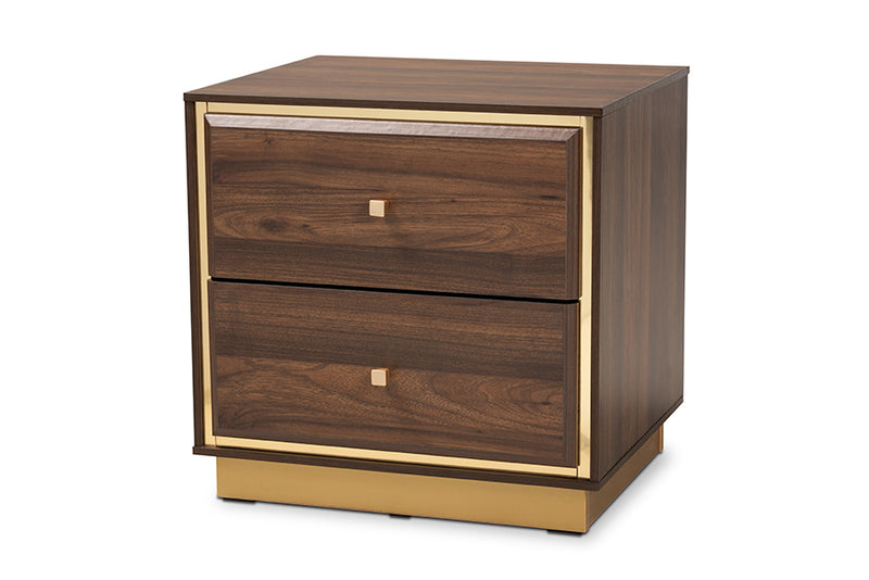 Davina Mid-Century Walnut Brown Finished Wood and Gold Metal 2-Drawer Nightstand