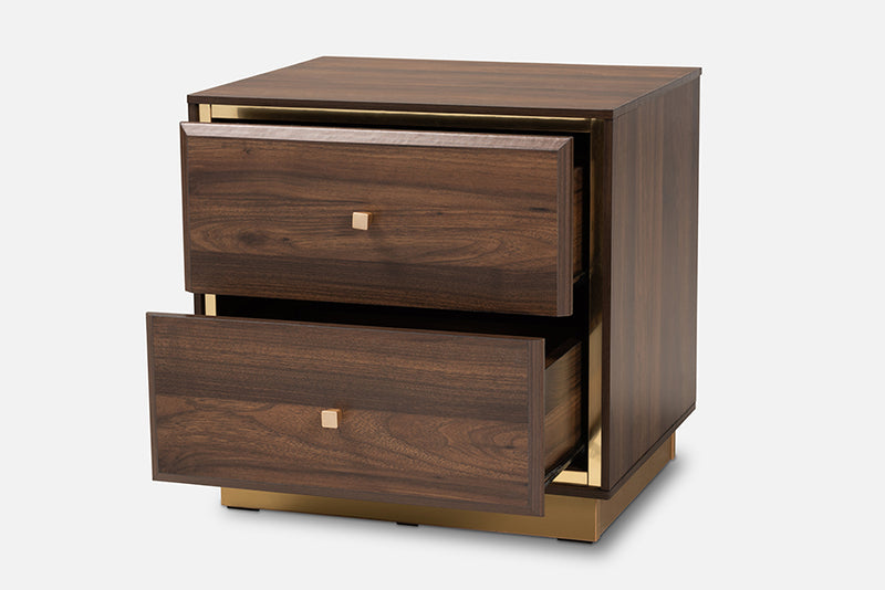 Davina Mid-Century Walnut Brown Finished Wood and Gold Metal 2-Drawer Nightstand