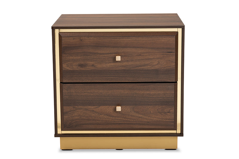 Davina Mid-Century Walnut Brown Finished Wood and Gold Metal 2-Drawer Nightstand