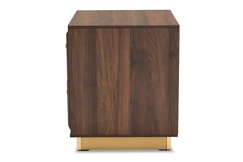 Davina Mid-Century Walnut Brown Finished Wood and Gold Metal 2-Drawer Nightstand