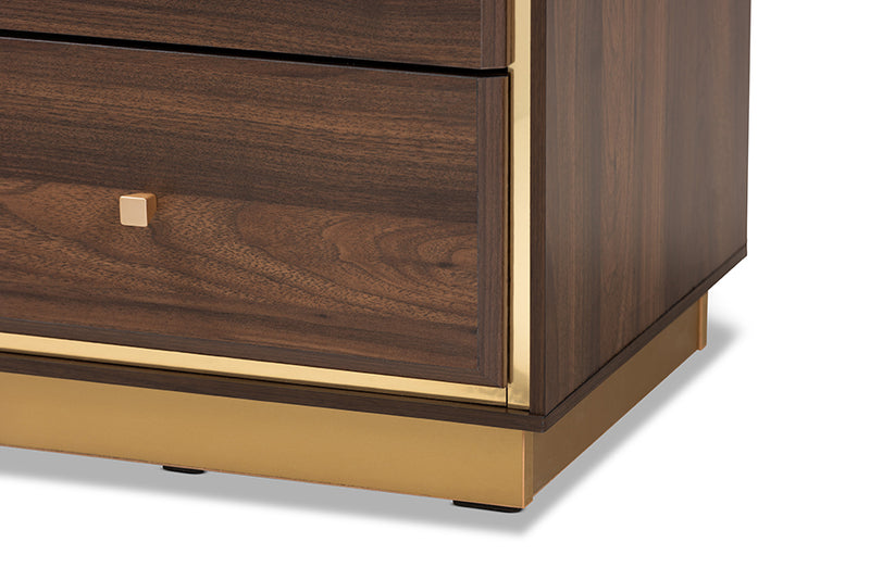 Davina Mid-Century Walnut Brown Finished Wood and Gold Metal 2-Drawer Nightstand