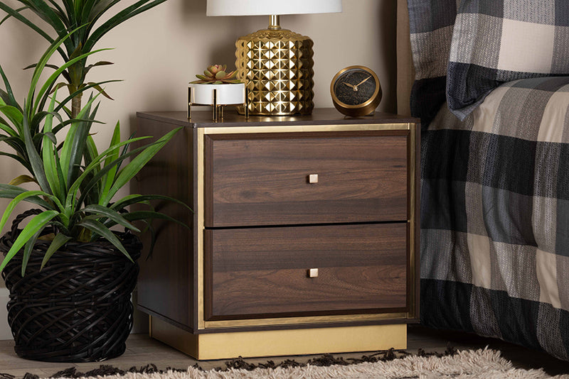 Davina Mid-Century Walnut Brown Finished Wood and Gold Metal 2-Drawer Nightstand