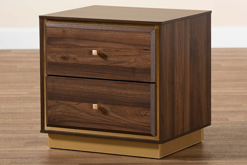 Davina Mid-Century Walnut Brown Finished Wood and Gold Metal 2-Drawer Nightstand