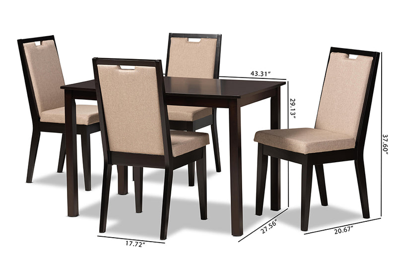 Iryna Modern and Contemporary Sand Fabric Upholstered and Dark Brown Finished Wood 5-Piece Dining Set