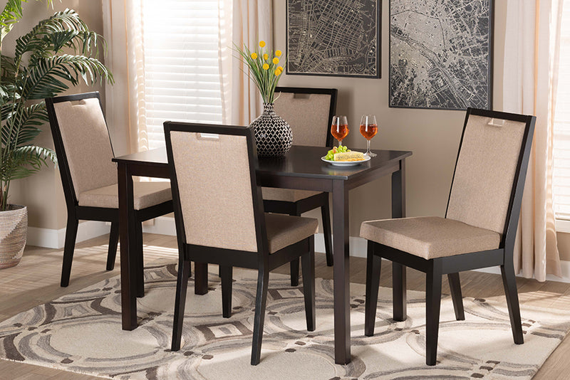 Iryna Modern and Contemporary Sand Fabric Upholstered and Dark Brown Finished Wood 5-Piece Dining Set