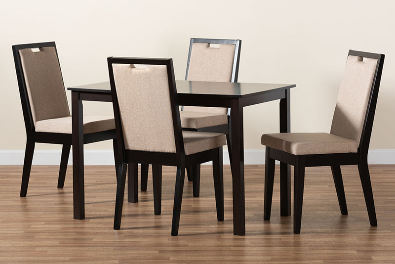 Iryna Modern and Contemporary Sand Fabric Upholstered and Dark Brown Finished Wood 5-Piece Dining Set