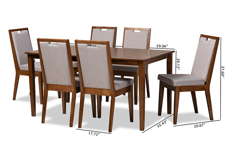Iryna Gray Fabric Upholstered and Walnut Brown 7-Piece Dining Set Baxton