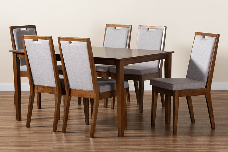 Iryna Gray Fabric Upholstered and Walnut Brown 7-Piece Dining Set Baxton