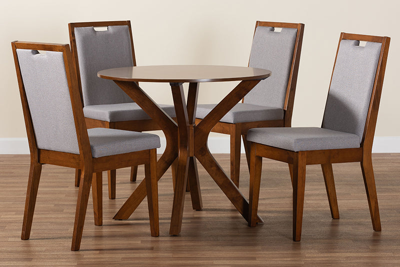 Marquetterie Modern Gray and Walnut Brown Wood 5-Piece Dining Set