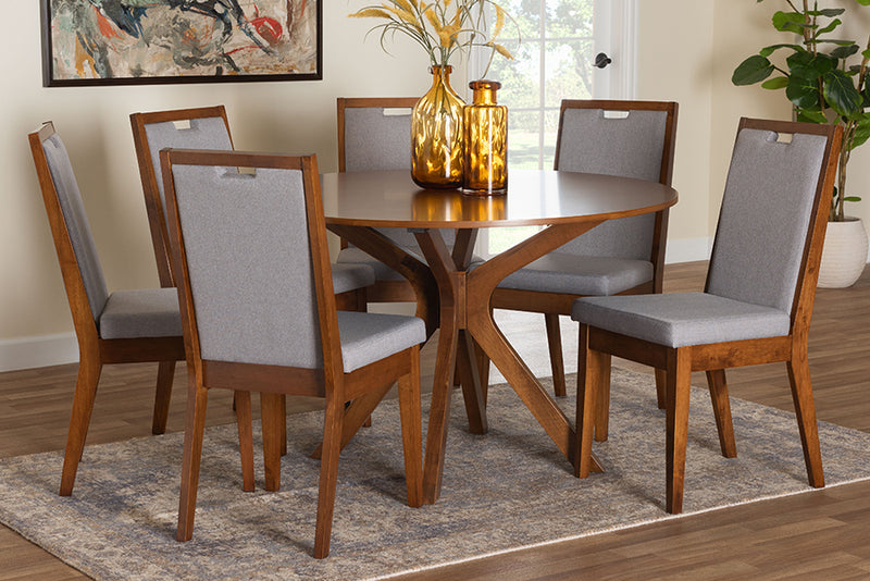 Marquetterie Modern Gray and Walnut Brown Wood 7-Piece Dining Set