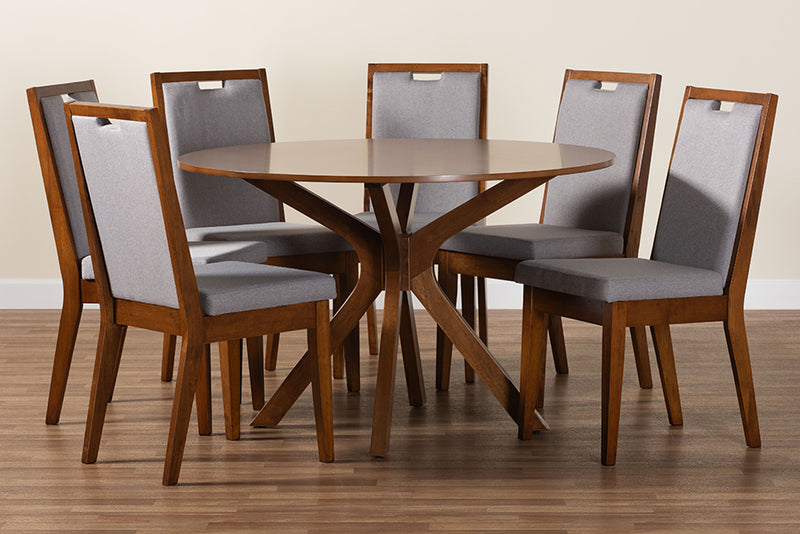 Marquetterie Modern Gray and Walnut Brown Wood 7-Piece Dining Set