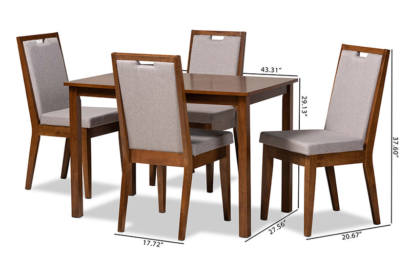 Iryna Modern and Contemporary Gray Fabric Upholstered and Walnut Brown Finished Wood 5-Piece Dining Set