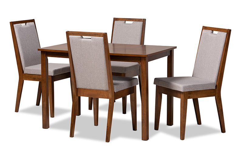 Iryna Modern and Contemporary Gray Fabric Upholstered and Walnut Brown Finished Wood 5-Piece Dining Set