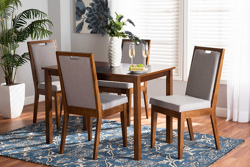 Iryna Modern and Contemporary Gray Fabric Upholstered and Walnut Brown Finished Wood 5-Piece Dining Set