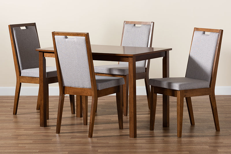 Iryna Modern and Contemporary Gray Fabric Upholstered and Walnut Brown Finished Wood 5-Piece Dining Set