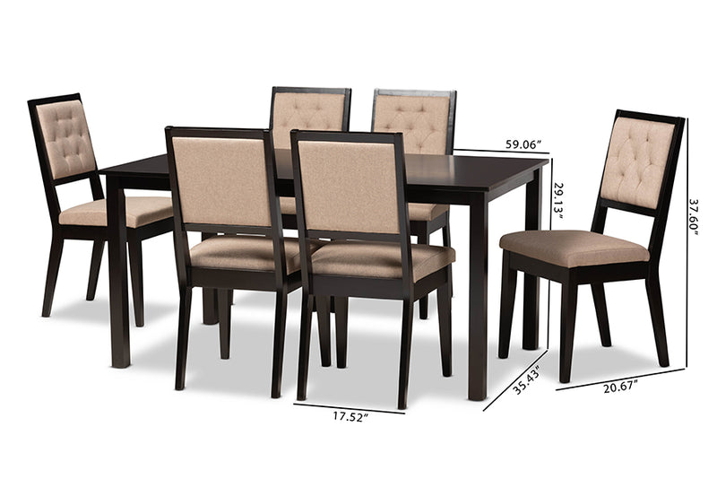 Cyntia Modern and Contemporary Sand Fabric Upholstered and Dark Brown Finished Wood 7-Piece Dining Set