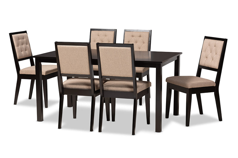 Cyntia Modern and Contemporary Sand Fabric Upholstered and Dark Brown Finished Wood 7-Piece Dining Set