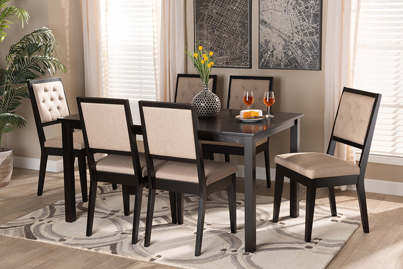 Cyntia Modern and Contemporary Sand Fabric Upholstered and Dark Brown Finished Wood 7-Piece Dining Set