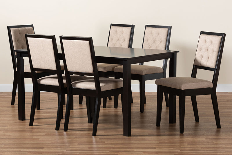 Cyntia Modern and Contemporary Sand Fabric Upholstered and Dark Brown Finished Wood 7-Piece Dining Set