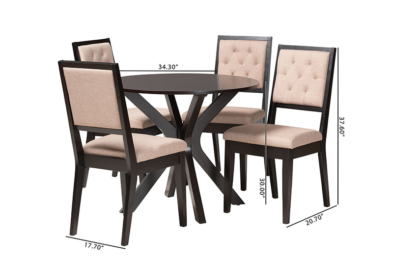 Rosine Modern Sand Fabric and Dark Brown Finished Wood 5-Piece Dining Set